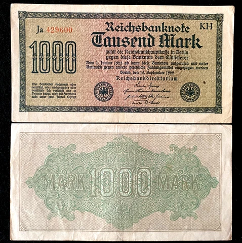 Authentic Germany 1000 Mark 1922 BERLIN Post WWI Hyperinflation Era 100 Yrs Old Cover