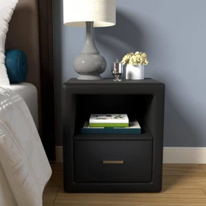 Nightstand Single Drawer Black Contemporary Faux Leather Fully Assembled NEW - Picture 1 of 11