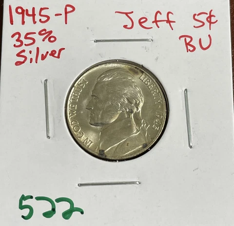 1945 P Jefferson Wartime Nickel BU Uncirculated Tone Spots 35% Silver 5c US Coin Cover