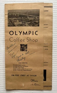 Olympic Coffee Shop 1929 Menu San Francisco CA FROM SCRAPBOOK - Picture 1 of 11
