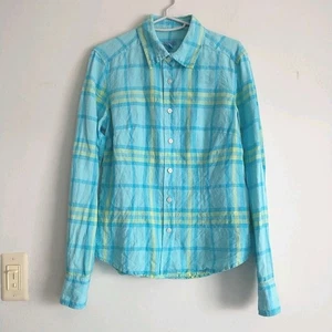 J McLaughlin Shirt Top Womens 6 Blue Plaid Chec 100%Linen Button-Up Long Sleeve - Picture 1 of 9