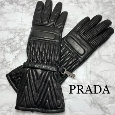 PRADA Matelassé Sheepskin Leather Gloves Cashmere Lining Black - Image 1 of 4