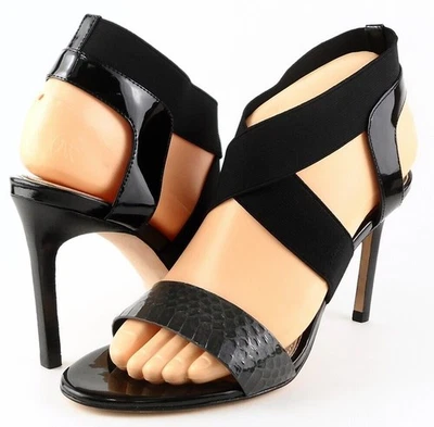 $275 ELIE TAHARI INDIA Sandalias de tacón elásticas de diseñador charol negro serpiente 5 EUR 35 Foto 1 de 4