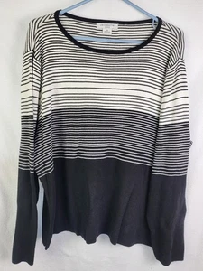 Liz Claiborne 2X Womens Black and White Striped Crew Neck Sweater - Picture 1 of 7
