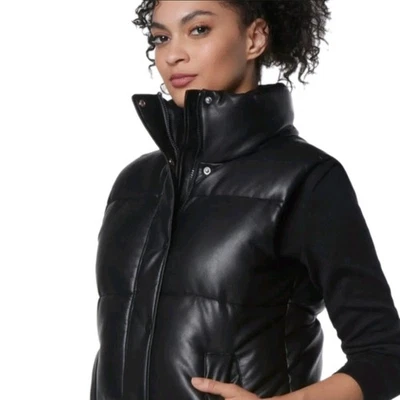 Marc New York Women's L Faux Leather Mock Neck Zip Puffer Vest Pockets Black NWT - Image 1 of 4