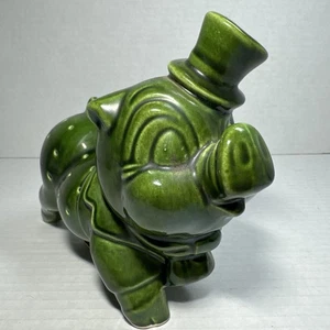 Vintage MCM Ceramic Pig Toothpick Holder Green Glossy Finish So Cute W/ Top Hat - Picture 1 of 12