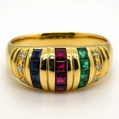 18K 750 Gelbgold 0,522 Ct. Smaragd Rubin Saphir Diamant Ring RG 56 Design Damen - Bild 1 von 4