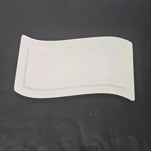 14" Wavy White Tray Ceramic Modern Sleek Rectangular Appetizer Platter - Picture 1 of 7