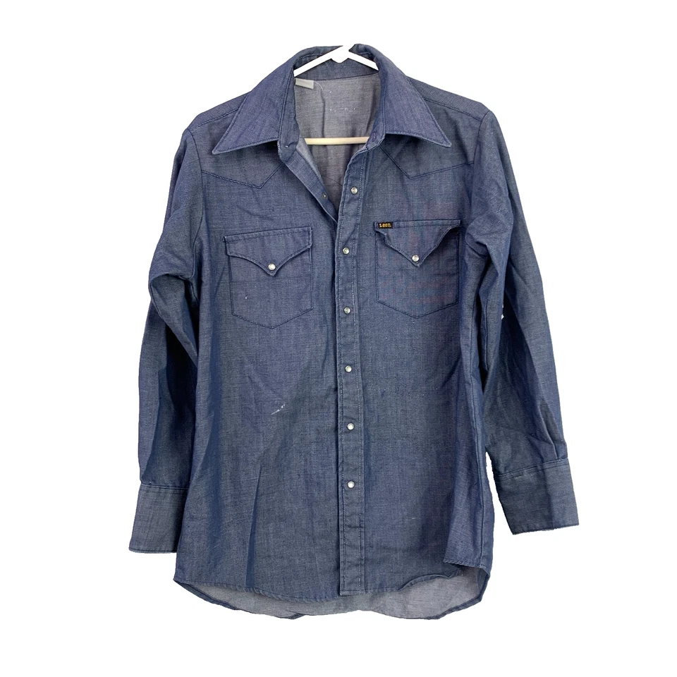 Camisa vaquera vintage Lee Chambray perla a presión occidental pecho 44" hecha en EE. UU. Foto 1 de 4