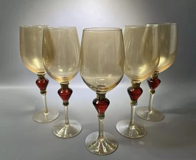 Set of 5 - Pier 1 Amber Luster Red Jewel Water Goblet - Red & Gold Jewel Stem - Image 1 of 4