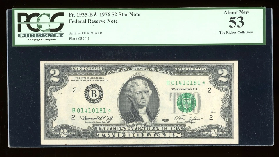 DBR 1976 $2 FRN New York STAR Fr. 1935-B* PCGS 53 Serial B01410181* - Image 1 of 2