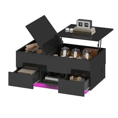 Светодиодный глянцевый журнальный столик с подъемной крышкой с зарядной станцией и 2 ящиками для хранения - Изображение 1 из 4