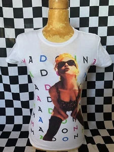 New MADONNA T-Shirt WHITE Graphic FITTED Tee STRETCH Women Pink Blue Top Sz M - Picture 1 of 9