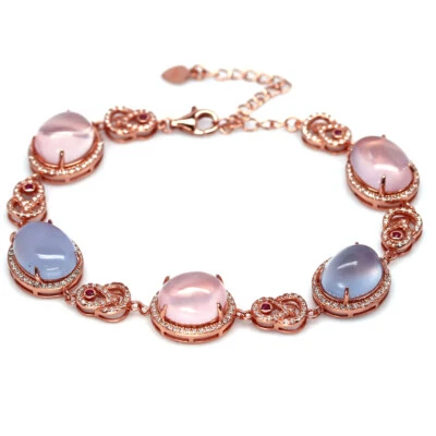 Edelstein 10x11 Mm. Rose Quarz, Chalzedon, Zirkonia Armband 925 Sterlingsilber - Bild 1 von 4