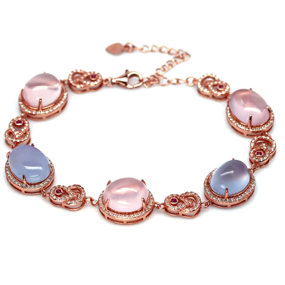 Драгоценный камень 10x11 мм. Розовый кварц, халцедон, цирконий браслет серебро 925 пробы  - Изображение 1 из 4