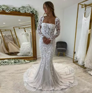 Mermaid Wedding Dress for Women Beaded Sequined Lace Appliques Square Collar - Picture 1 of 9
