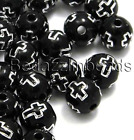 100 Black 8Mm round Plastic Acrylic Beads with Silver Cross Accent