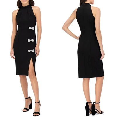 NEW Eliza J BLACK Rhinestone BOWS Sleeveless SIDE SLIT Cocktail SHEATH DRESS 12 - Image 1 of 4