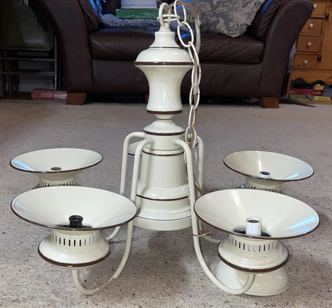 Vintage Victorian Farmhouse Enamelware Chandelier 5 Arm Cream W Brown Trim Cover