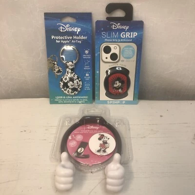 Disney Mickey AirTag Key Chain Slim Grip SpinPop And Minnie Phone Stand Set NEW - Image 1 of 4