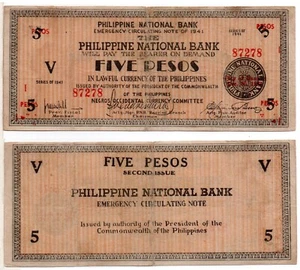 PHILIPPINES 5 Pesos (WWII - Guerilla Note) 1941, Pick S626, Very Fine - Picture 1 of 1
