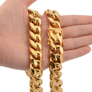 Mens Miami Cuban Link Bracelet or Chain Necklace 18k Gold Plated Stainless Steel - Picture 1 of 40