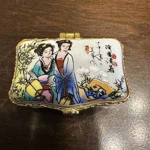 Porcelain Hinged Lid Pill Trinket Box - Asian Beauties & Bamboos - Picture 1 of 9