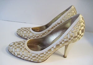 Casadei Silk Satin Champagne Beige Woven Design Pumps Heels Size 7 B Italy - Picture 1 of 7