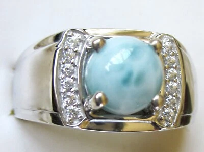 Anillo Larimar y Circón Blanco Hombre / Talla 12 / Plata de Ley 925, 7,9 gramos Foto 1 de 4