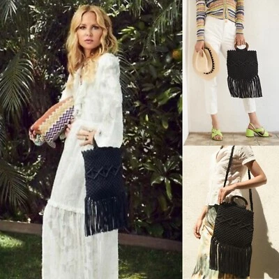 NWT Danielle Nicole Black Macramé Fringe Crossbody Purse Wood Handles OS Boho  - Image 1 of 4