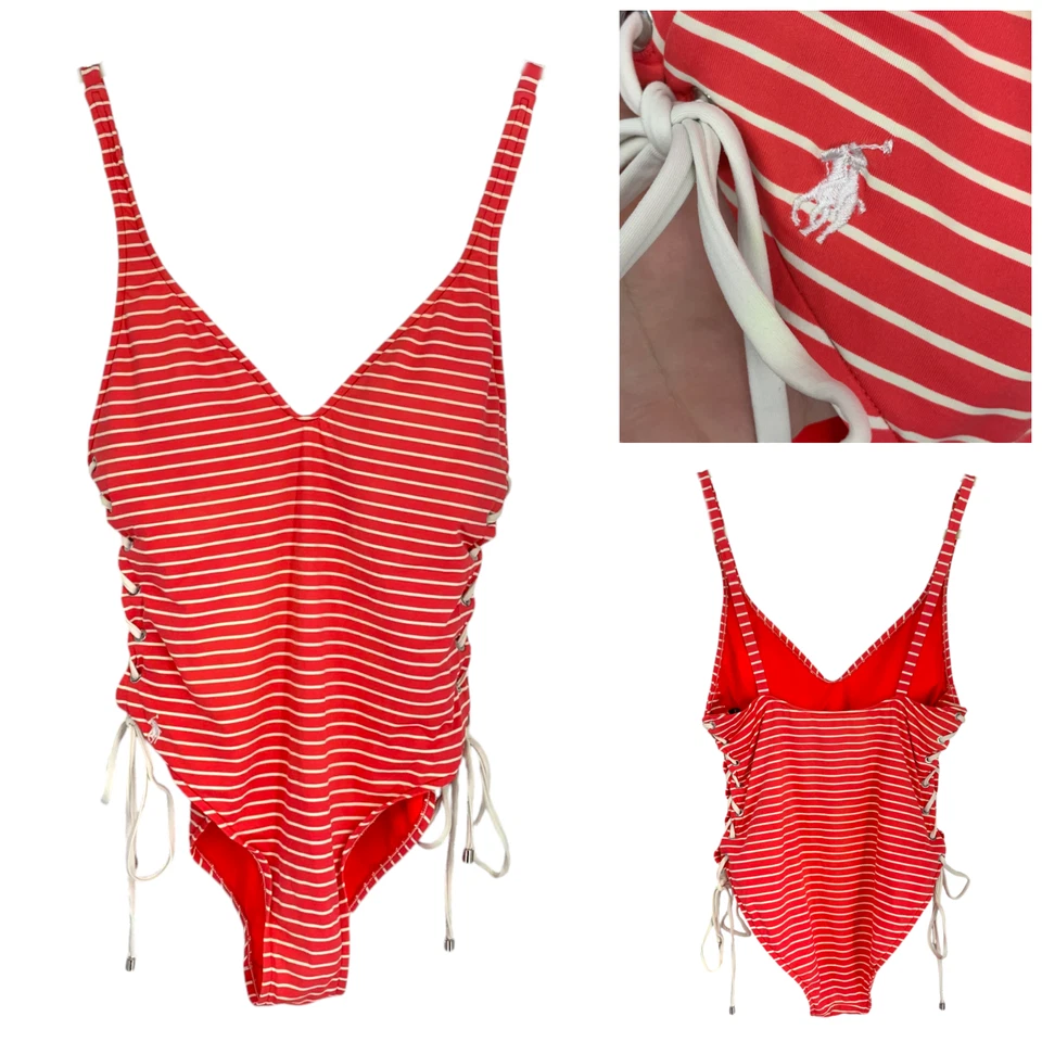 Polo Ralph Lauren Coral Stripe Nautical Lace Side One Piece Swimsuit Sz L - Image 1 of 4