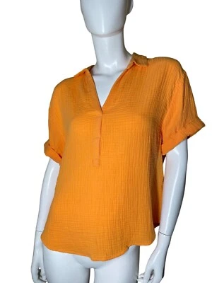 Blusa Magaschoni Feminina M Med Laranja Algodão Orgânico Manga Curta Botão Nova Com Etiqueta - Imagem 1 de 4