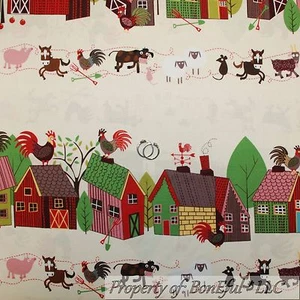 BonEful Fabric FQ Cotton Quilt VTG Border Baby Animal Farm Horse Sheep Pig House - Picture 1 of 9