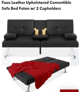 Faux Leather Upholstered Convertible Sofa Bed Futon w/ 2 Cupholders - Picture 1 of 4