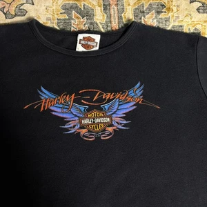 Vintage Harley Davidson Babydoll Black t-shirt Top Angel Wings Punk Grunge Large - Picture 1 of 9