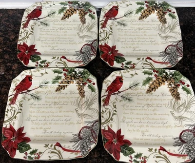 Square Dinner Plates HOLIDAY WISHES 222 Fifth. Set Of 4. Porcelain 10.5 Inch New - Image 1 of 4