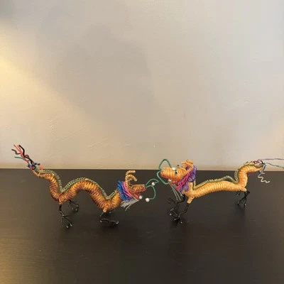 Pair Chinese Handmade Wire Dragon Sculptures Colorful Aluminum Art Figurines - Image 1 of 4