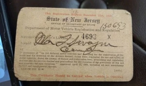 Rare Original 1919 New Jersey Car Registration Card. Written/Signed. UNIQUE! - Picture 1 of 2