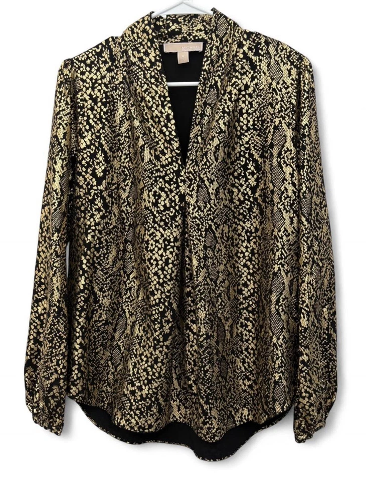 Blusa plisada invertida de piel de serpiente dorada metálica Michael Kors para mujer talla mediana Foto 1 de 4