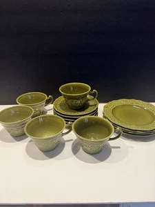 Vintage Canonsburg Pottery Regency Ironstone Cups & Plates – Olive Green – USA - Picture 1 of 7
