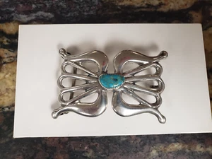 VINTAGE NATIVE AMERICAN TURQUOISE STERLING SILVER SAND CAST BELT BUCKLE - Picture 1 of 10