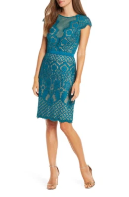 TADASHI SHOJI Pine Nude Brogan Embroidered Lace Scalloped Sheath Dress 14 XL 🤍 - Image 1 of 4