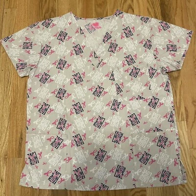 I ❤️ Scrubs Pink Ribbon Faith Hope Love Scrub Top Size L Breast Cancer Awareness - Image 1 of 4
