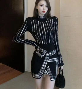 Women Fashion Dress Long Sleeve Bandage Bodysuit Rhinestone Skirt Occident Party - Picture 1 of 7