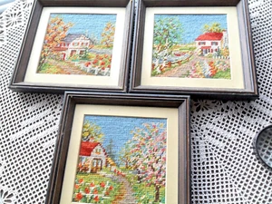 VINTAGE SET of 3 "BLOSSOM TIME" at cottage NEEDLEPOINT FRAMED PICTURES  finished - Bild 1 von 8