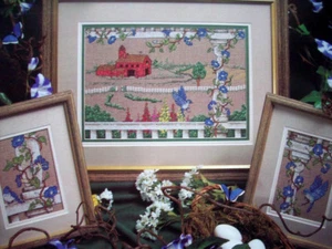 MOrning Glory porch red barn blue birds cross stitch pattern - Picture 1 of 2