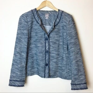 J. Jill Damen Tweed meliert Blazer Jacke Fransen und Knopf Akzent blau Gr. M - Bild 1 von 7
