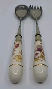 Vintage Antique Style Flower Printed Porcelain Handle Dinner Serving Utensil Set - Picture 1 of 10