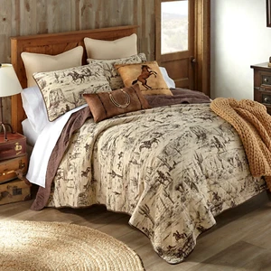 Donna Sharp Cowboy Western Cotton Queen Quilt Set Rustic Horse Rodeo Cactus Tan - Picture 1 of 6