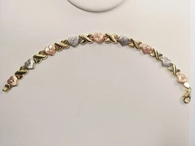 REAL 10K GOLD XO HEART HUGS AND KISSES TRI COLOR BRACELET - Image 1 of 4